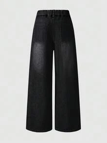 Tween Girl Denim Loose Multi-Function Comfortable Solid Color Straight Leg Wide Leg Jeans - Black - View 3
