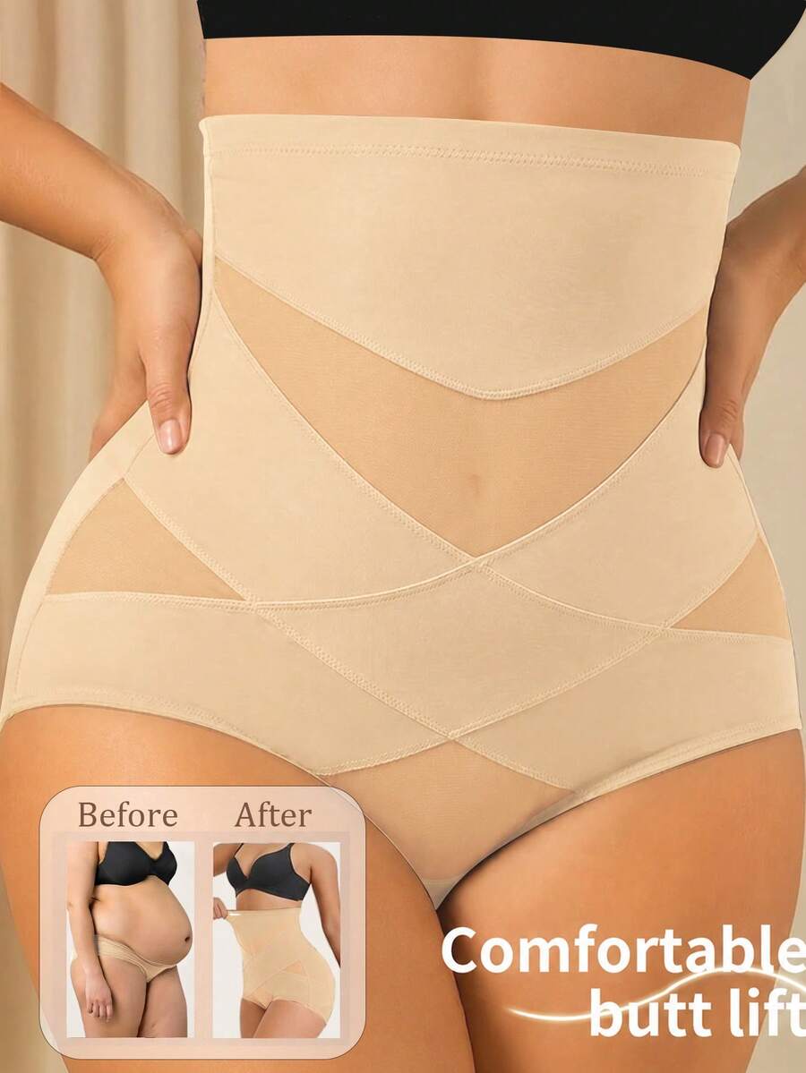 Women's High-Waist Seamless Tummy Control Butt Lifting Shapewear Panties With High-Pressure Cross Mesh Patchwork
