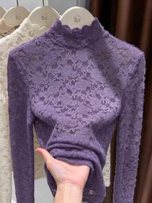 2025 New Apricot High Collar Lace Camisole, Layered Mesh Blouse For Women, Elegant Design Casual Spring - Lilac Purple - View 3