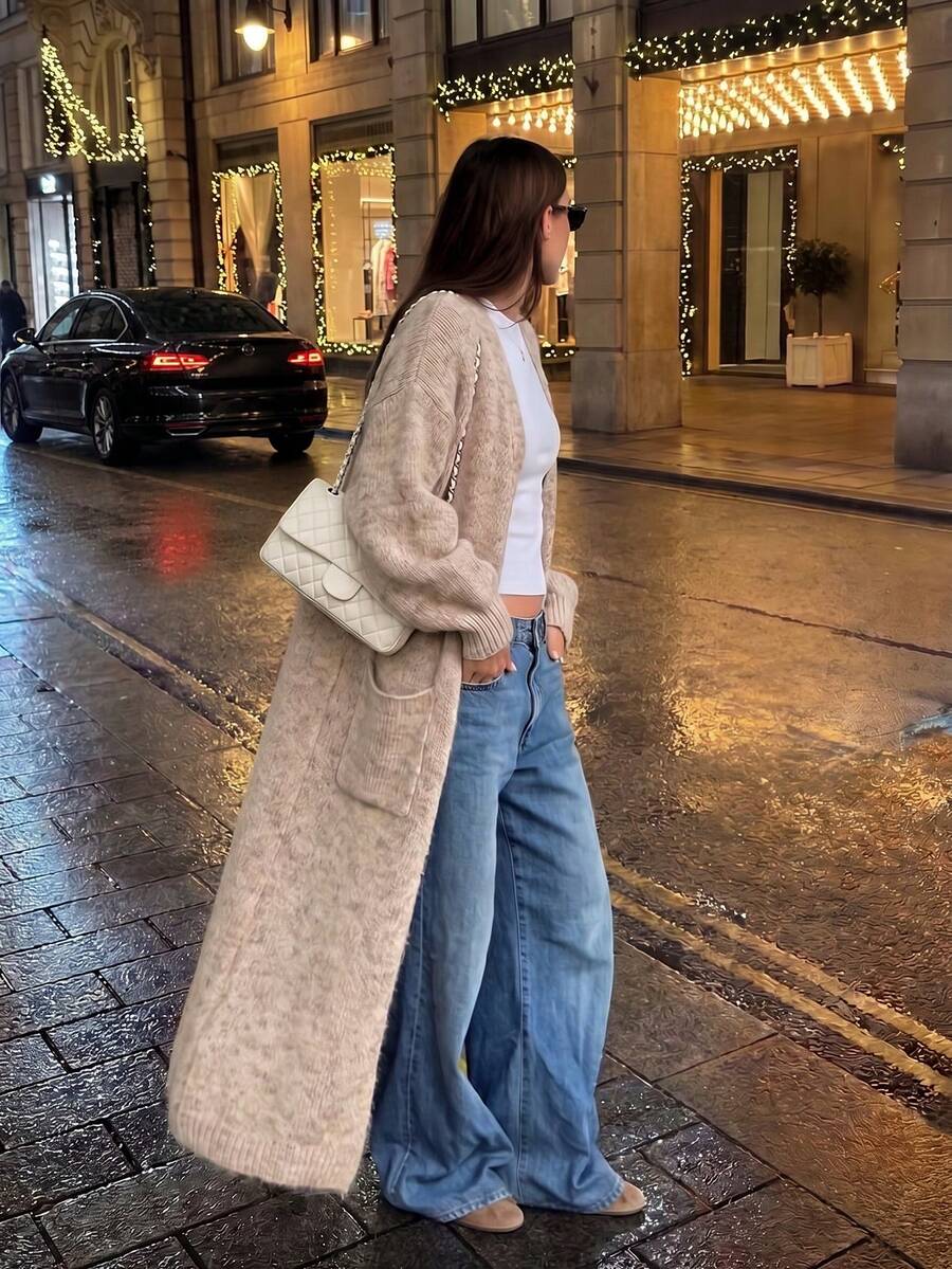 New Lazy Fluffy Soft Dropped Shoulder Lantern Long Sleeve Ribbed Cuff Double Side Pocket Design Knitted Wool Cardigan, French Gentle Casual Style, Daily Minimalist Commute Basic Outfit