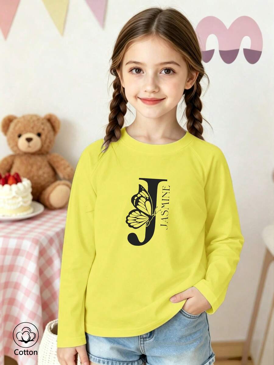 Tween Girl Letter J & Butterfly Print Long Sleeve T-Shirt - Bright Yellow - View 1