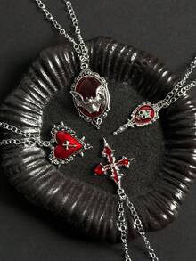 4pcs/Set Subculture Vintage Style Metal Retro Frame Red Background Embossed Heart Bat Skull Cross Layered Necklace Set For Men Dark Streetwear - Red - View 5
