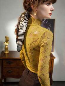2026 Spring/Summer New Brushed Lace High Neck Inner Layer Base Top, Sheer Floral Crochet Elegant Long Sleeve Pretty Blouse For Women - Ginger Yellow - View 3