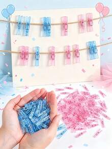 200/100/10/1pc Gender Reveal Party Decorations, Blue & Pink Clothes Pegs With Jute Rope, Boy & Girl Baby Shower Games, 1.4 Inch Mini Photo Clothes Pegs, DIY Crafts, Baby Shower Game Props, Party Decor Favorites - Multicolor - View 1
