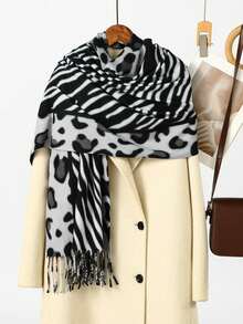 1PC Women Black White Zebra Leopard Print Scarf Tassel Shawl,Double Sided Printing Scarf,Suitable For Pairing With A Black Jacket For Photography - Black and Gray - View 3