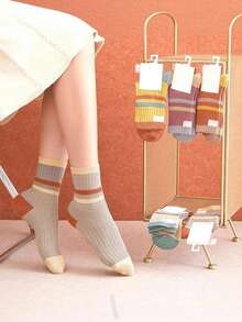 5 Pairs Random Style Women's Vintage Color Block Striped Mid-Calf Socks, Soft Comfortable Warm Casual Socks, Suitable For Autumn/Winter - Multicolor - View 3