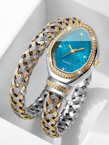 Women's Luxury Rhinestone Snake-Shaped Bracelet Watch, Woven Metal Double-Loop Band With Rhinestone Plaid Dial, Niche Fashion Quartz Wristwatch (1pc/Set), Watch Box Not Included - Multicolor - View 9