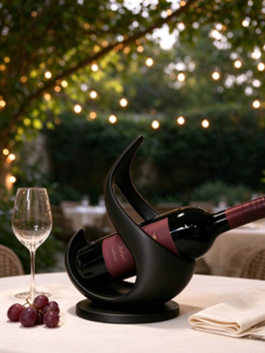 Black Curved 3D Printed Wine Bottle Holder Sculpture Ornament, Single Bottle Display Rack, Modern Tabletop Decor, Multi-Functional Desktop Wine Organizer, Unique Christmas Gift For Wine Lovers, Home Kitchen Bar Table Decoration - View 1