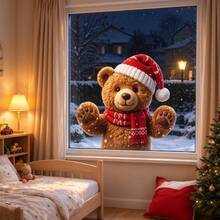 1pc Cute Fluffy Teddy Bear Waving Window Sticker, Christmas Static Cling Window Decal, Double-Sided Visible, No Residue, Suitable For Bedroom, Living Room, Cafe, Holiday Window Decoration 2D Flat - one-size - View 1