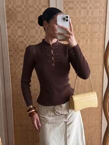 Women's New Autumn Small Stand Collar Long Sleeve Knit Top, Elegant Design For Daily, Campus, Commute And Travel - Dark Coffee - View 6