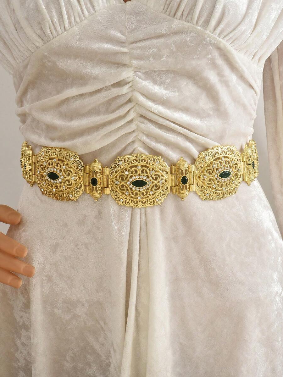 Middle Eastern Vintage Style Hollow Geometric Patchwork Wide Waist Cincher With Drawstring Adjustable Arabian Bridal Wedding Waist-Shaping Accessory - One Size - View 1