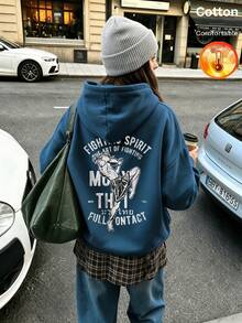 Autumn Winter Back Printed With Boxing Figure Pattern And English Text FIGHTING SPIRIT ART OF FIGHTING MONTH FULL CONTACT Y2K - Cow Blue - View 5