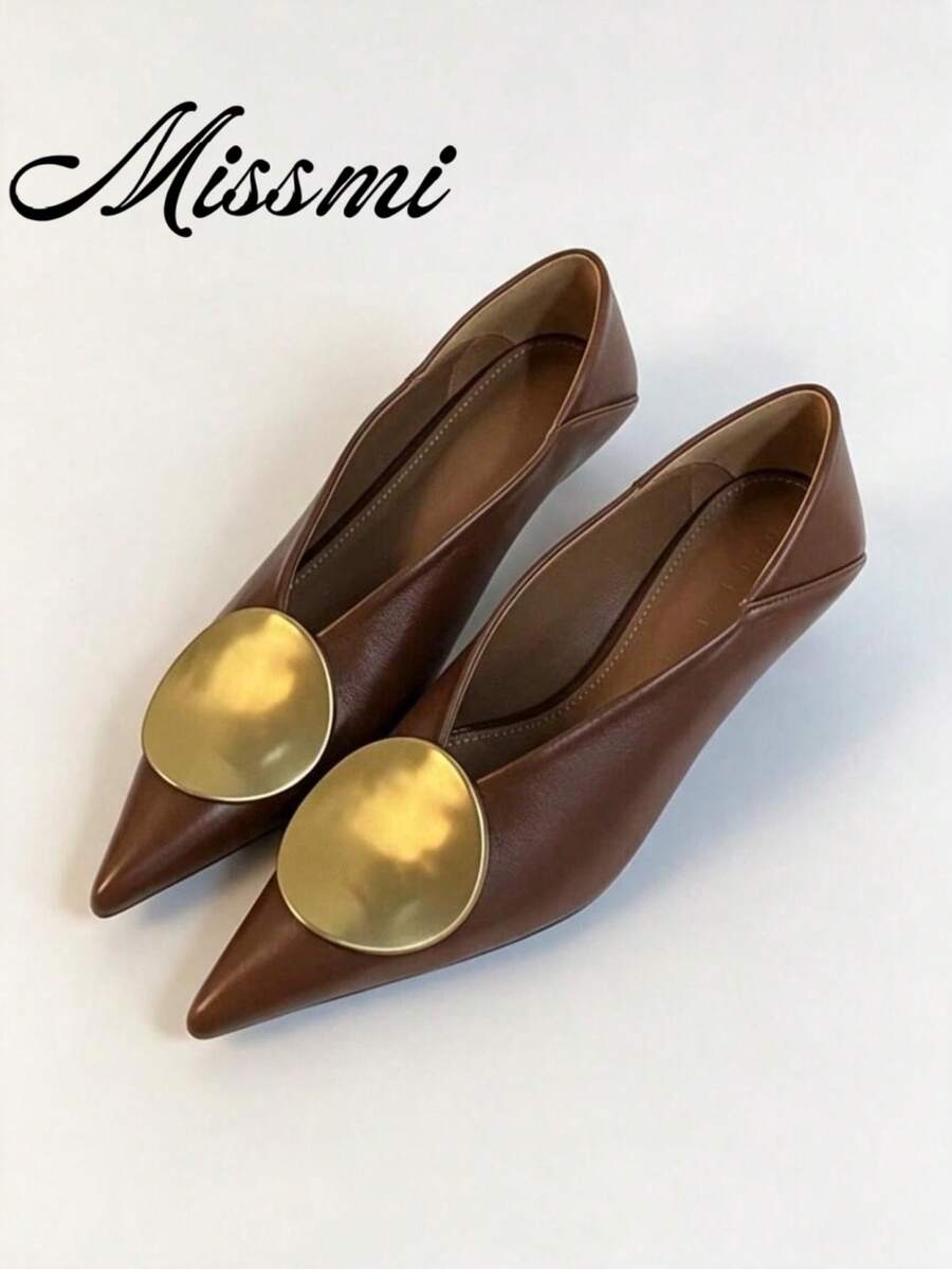 French Style Metal Toe Low Vamp Pointed Toe Stiletto High Heel Pumps For Women, Spring/Autumn New Fashion Elegant - Brown - View 1