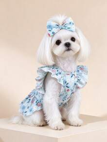 1pc Dog & Cat Mesh Wedding Dress With Bow, Cute Fashionable Elegant Charming Creative Personalized Design Printed Pet Dress - Multicolor - View 6