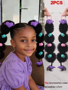 2pcs Kids Ponytail Hair Extensions, Cute Compact Mary Bubble Style Fluffy African Braided Ponytail, Comes With Colorful Hair Accessories (Random Color) - Natural Black - View 11