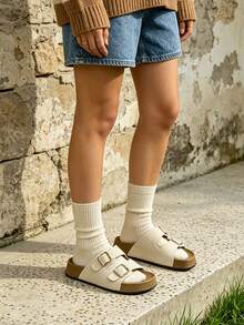 Women's Double Strap Adjustable Buckle Thick Sole Slides, Beige Matte Upper, Casual Commute Outdoor Wear, Versatile Slip-On Comfortable Easy-To-Wear - White - View 3