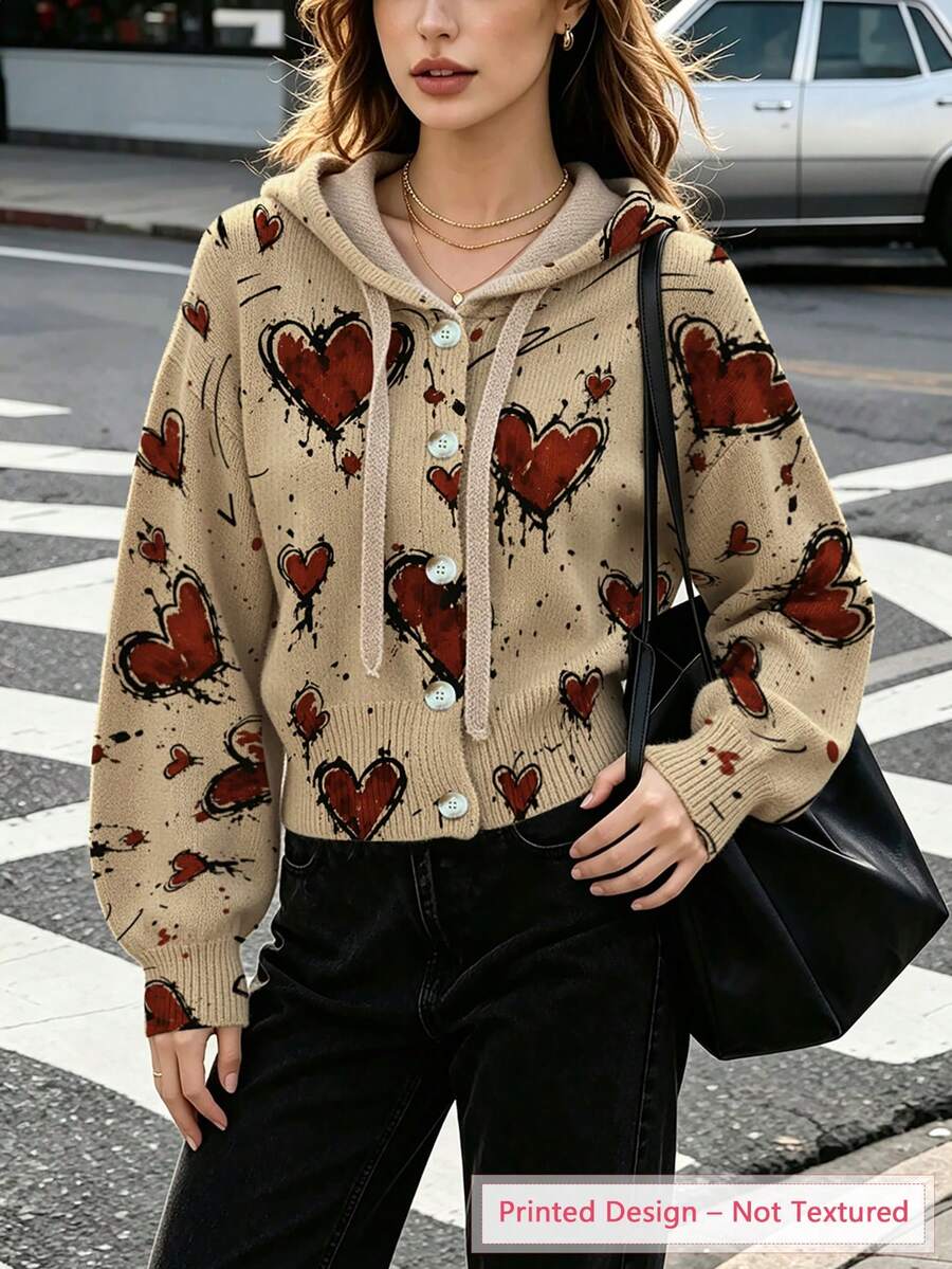Women's Autumn Clothing Heart Print Hooded Cardigan, Drawstring Design, Fashionable Eye-Catching Outfit For Travel, Multi-Scenario Wear - Multicolor - View 1