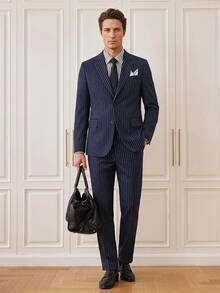 Officeau Men's 2-Piece Thin Striped Suit Set, Gentleman Style Jacket And Pants, Suitable For Commuting, Wedding, Party, Banquet - Navy Blue - View 1
