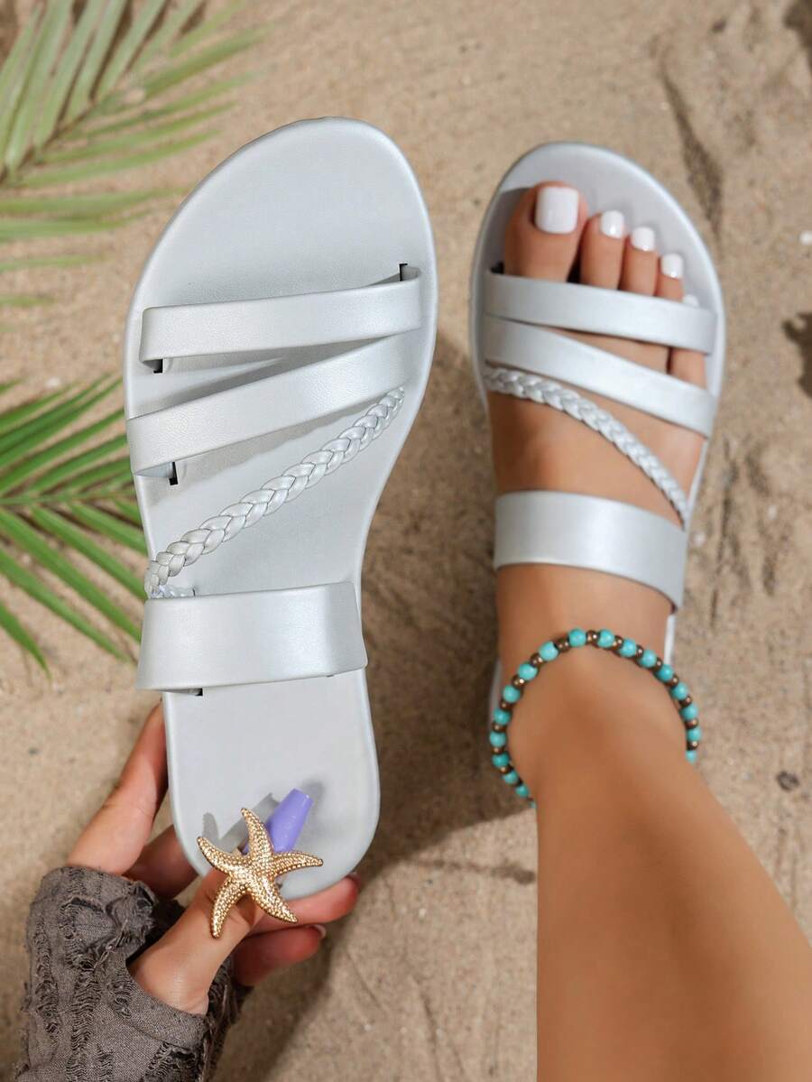 Summer New Woven Strap Flat Slippers For Women, Comfortable Soft Sole, Versatile For Home And Outdoor Wear - Silver - View 1
