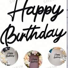 Happy Birthday Wooden Sign, White Hollow Wooden Happy Birthday Letters, Vintage Rustic Style Birthday Party Decoration Background Wall Photo Prop (Black) - 1 YEAR - View 2