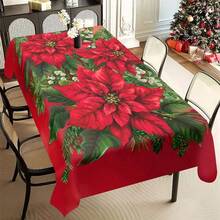 1pc Christmas Poinsettia Floral Holiday Print Tablecloth, Woven Polyester Square And Rectangular Tablecloth, Suitable For Home, Kitchen Decor, Holiday Party, Camping - Machine Woven - Multicolor - View 14