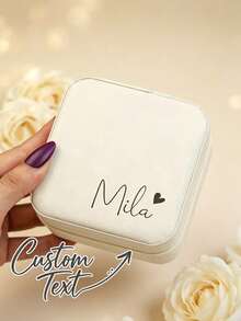Personalized Name And Heart Jewelry Box - Customized Beige Bridesmaid Jewelry Box With Zipper Closure, Fabric Lining And Compartments, Elegant Travel Jewelry Organizer, Jewelry Box - Multicolor - View 4