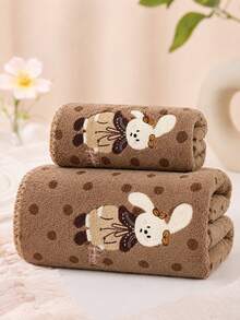 1pc/2pcs Approx. 14*29in/28*55in Pink Leopard Print Towel, Cute Embroidered Rabbit Pattern Coral Fleece Bath Towel + Face Towel, Ultra Soft High Absorbency Quick Dry Thick Non-Shedding Towel, Suitable For Bathroom, Home, Travel - Brown - View 5