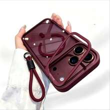 奢華橘色磁吸無線充電支架手機殼，相容 iPhone 18 17 Pro Max Air 16 15 14 13 12 Pro Max Plus，金屬鏡頭鏡頭保護蓋，壓克力背板，防震 HD 透明保護殼 - 櫻桃紅+掛繩 - 查看 2