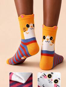 1/3/5 Pairs Women's Mid-Calf Socks With Cat Patterns - Breathable Soft Moisture Wicking, Cute Kitten Ribbed Trim Athletic Casual Socks For - Multicolor - View 4