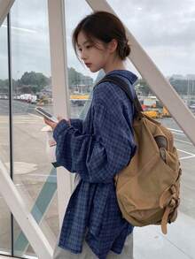 YCYC Korean Style Retro Plaid Shirt Women Korean Version Autumn New Design Loose Blouse Jacket Outerwear Long Sleeve Mid-Length Top - Navy Blue - View 4