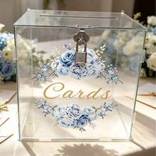Fresh Ice Blue Rose Print Lockable Transparent Acrylic Wedding Guest Greeting Card Storage Box - 1PC - View 1