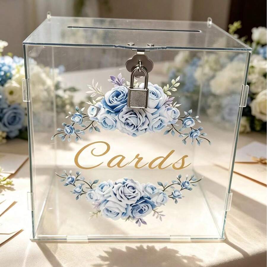Fresh Ice Blue Rose Print Lockable Transparent Acrylic Wedding Guest Greeting Card Storage Box - 1PC - View 1