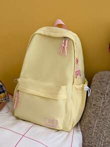 Bow Embroidery School Backpack + Multi Pocket Large Capacity + Teen Girls Daily School Commute + Lightweight Sweet Pastel Blue Bookbag - Multicolor - View 8