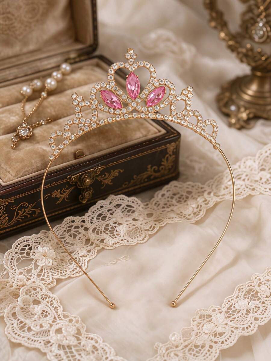 1pc European & American Fashion Exquisite Alloy Bridal Crown, Suitable For Women's Wedding Party Hair Accessory, Queen Princess Party Headpiece - Gold Pink - View 1