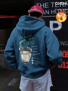 Men's Fleece Hoodie With Coffee Cup Graphic And Text "Life Begins After COFFEE" Y2K, Autumn/Winter - Cow Blue - View 1