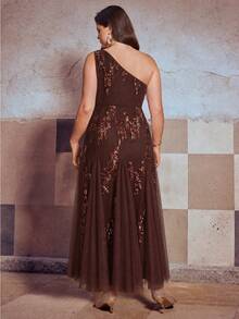 Simplee Women's Plus Size Asymmetrical Shoulder Sequin Long Dress, Fashion Elegant Evening Gown, Contrast Mesh Fish Tail Design, Suitable For Evening Party, Christmas - Coffee Brown - View 5