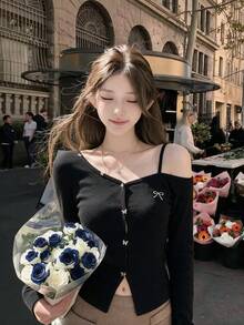 Korean Style Asymmetrical Shoulder Bow Long Sleeve T-Shirt Women Autumn Slim Fit Adjustable Shoulder Strap Asymmetrical Shoulder Top - Black - View 3