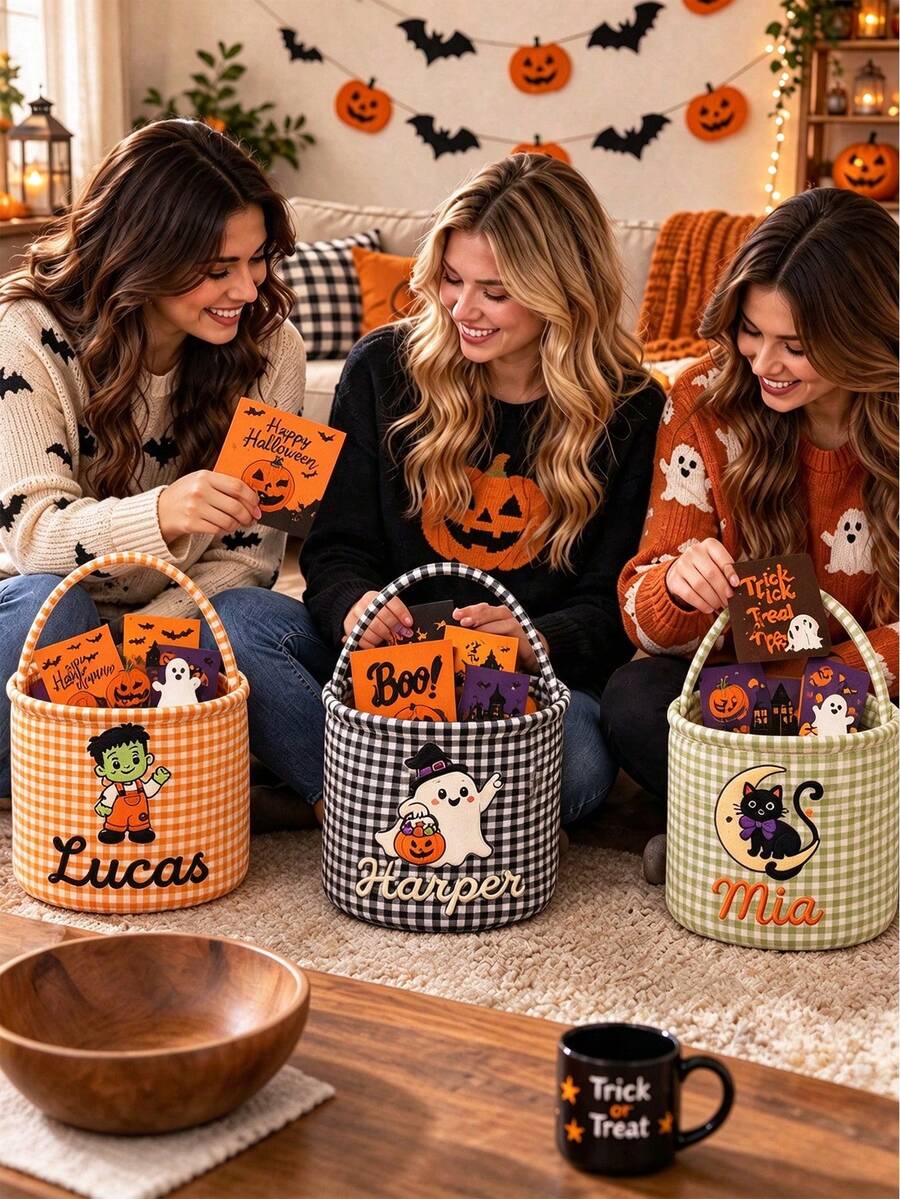 客製化姓名萬聖節 Trick Or Treat 糖果桶,橘色格紋便攜式糖果籃,可客製文字,萬聖節派對禮物糖果桶 - 彩色 - 查看 1