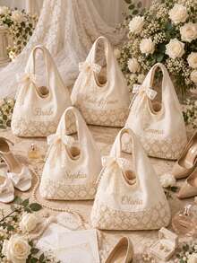 個性化蕾絲婚禮，客製化伴娘禮物，刺繡姓名新娘包，新娘與婚禮派對週末化妝包 - 彩色 - 查看 7