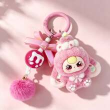 1pc Sweetheart Big Ear Plush Keychain, Cute Cartoon Bag Pendant For Adults, Fashion Solid Color Plastic Inner Chain Key Ring, Bag Accessory - Multicolor - View 1
