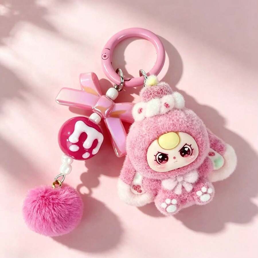 1pc Sweetheart Big Ear Plush Keychain, Cute Cartoon Bag Pendant For Adults, Fashion Solid Color Plastic Inner Chain Key Ring, Bag Accessory - Multicolor - View 1