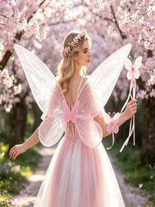 Shimmering Fairy Butterfly Wings Costume Set, Transparent Organza Elf Wings With Butterfly Magic Wand, Suitable For Halloween Cosplay, Birthday Party Dress-Up And Photography Props - Multicolor - View 7