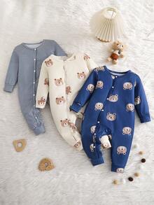 3pcs/Set Baby Cartoon Bear & Striped Print Long Sleeve Zipper Footless Rompers, Soft Breathable One-Piece Sleep & Play Jumpsuits, Suitable For Baby Boys - Blue - View 1