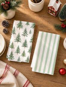 MEMNUN 2pcs Green Christmas Tree Striped Print Kitchen Towels, Polyester Dish Cloths, Suitable For Kitchen Decor, Kitchen Cleaning, Holiday Party Decoration, Kitchen & Bathroom Supplies Home Essentials, Home Decor, Housewarming Gift - Multicolor - View 6