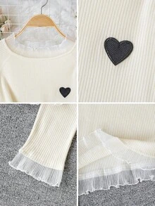 Women's Autumn/Winter New Frill Mesh Patchwork Knit Base Layer Top, Heart Embroidery 2 In 1 Slim Fit Long Sleeve Top - Apricot - View 8