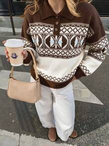 Women's Vintage Bohemian Geometric Pattern Knit Pullover Sweater, Button Collar, Long Sleeve Regular Fit, Suitable For Winter - Multicolor - View 4