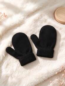 1Pc Toddler Baby Winter Warm Knit Mittens 1-3Y Solid Black Soft Gloves With Ribbed Cuffs, Baby Essentials, Baby Stuff, Winter Clothes For Girls, Fall - Black - View 6