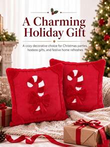 1PC Christmas Pillow Covers 18x18 Faux Fur 3D Candy Cane Beige Red, 3D Embroidered, Candy Cane, Peppermint Candy, Soft Plush Faux Fur, Throw Cushion Case, Bedroom Living Room Decor Christmas Cushion Covers Autumn Home Decor Halloween Christmas Gifts - Candy Cane - View 8
