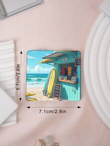 1PC Ins Landscape Series Portable Vanity Mirror, Foldable Lightweight Ultra-Thin Convenient Hand Mirror, PU Leather, Suitable For Multiple Scenarios And All People, Foldable Small Square Mirror, Pocket Mirror, Fresh Ocean Sailboat Beach Printed Pattern Design, Exquisite Handheld 180° Flip Cover Multi-Function Mini Mirror - Multicolor - View 4