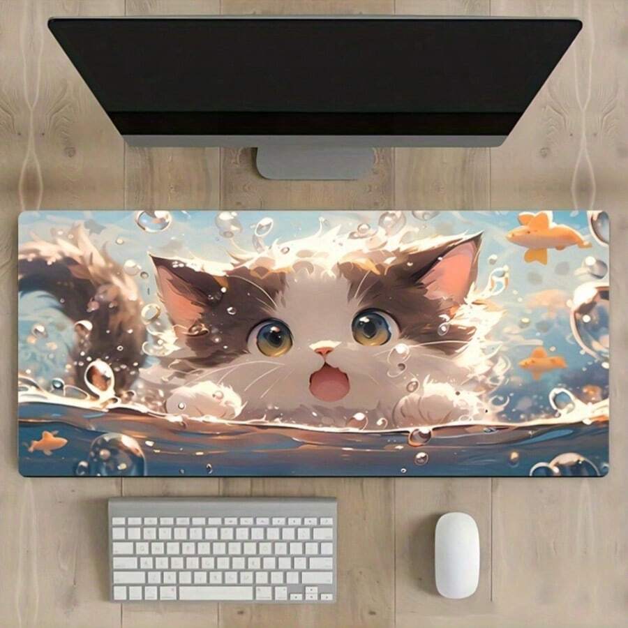 Cute Cat, Rectangular Mouse Pad, Large Mouse Pad, Natural Rubber, Durable Stitched Edge, Non-Slip Rubber Mouse Pad, Suitable For Office Computer, Laptop, Gaming Mouse Pad, Boyfriend, Girlfriend, Gift, Desktop Accessory, PC Accessory, Study Accessory, Gaming Accessory, Animal Pattern - View 1